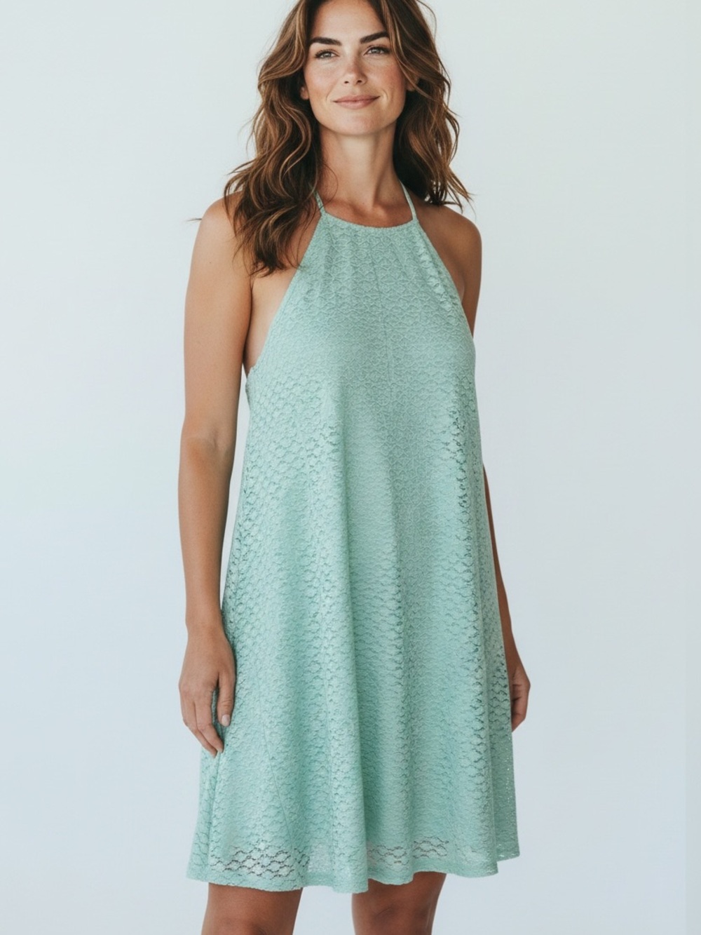 Very J Mint Green Halter Lace Midi Dress